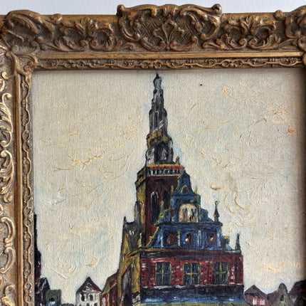 Handcrafted Harbor Scene Oil Painting "City Church" Elegant Small Artwork Holland Art Shop