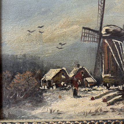 Refined Winter Landscape Oil Painting "Windmill Tower" Authentic Small Artwork Holland Art Shop