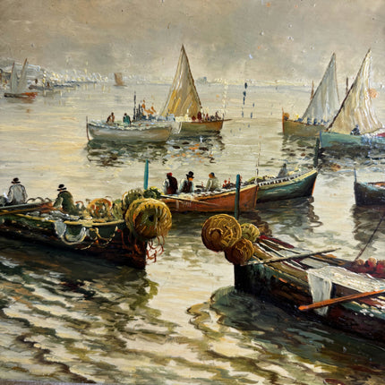 Detailed Harbor Scene Oil Painting "Gilded Frame" Rustic Small Art Holland Art Shop