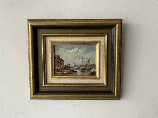 20th Century Vintage Dutch Village Riverside Boats Church Sky Oil Painting