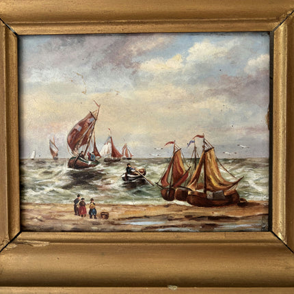 19th Century Antique Seascape Oil Painting "Fishing Boats" Small Art Holland Art Shop