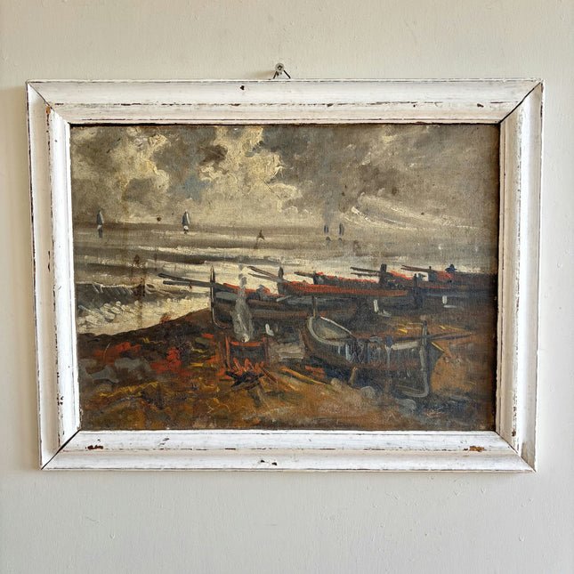 Rustic Seascape Oil Painting "Fishing Boats" Handcrafted Artwork Holland Art Shop