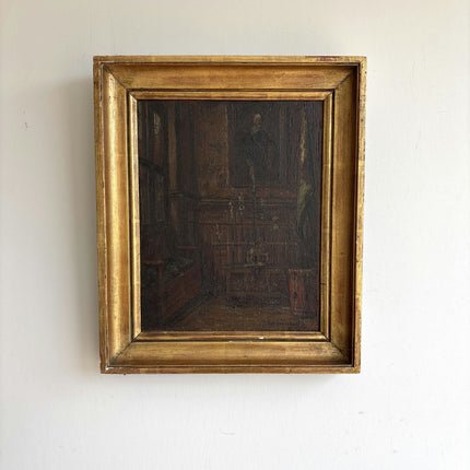 19th Century Antique Interior Oil Painting "Gilded Frame" Small Artwork Holland Art Shop