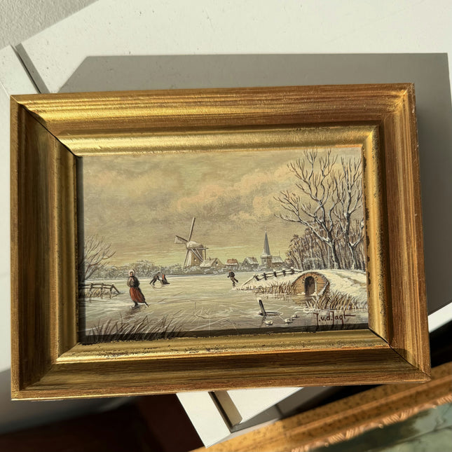 Figurative Oil Painting Winter Landscape "Ice Skater" Striking Small Artwork