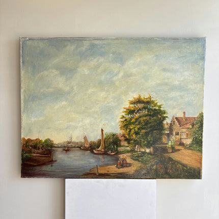 Expressive Harbor Scene Oil Painting "Riverside Village" Elegant Art Holland Art Shop