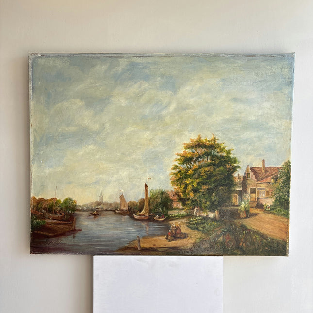 Expressive Harbor Scene Oil Painting "Riverside Village" Elegant Art Holland Art Shop