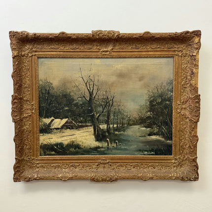 Expressive Winter Landscape Oil Painting "Snowy Cabin" Elegant Large Art Holland Art Shop