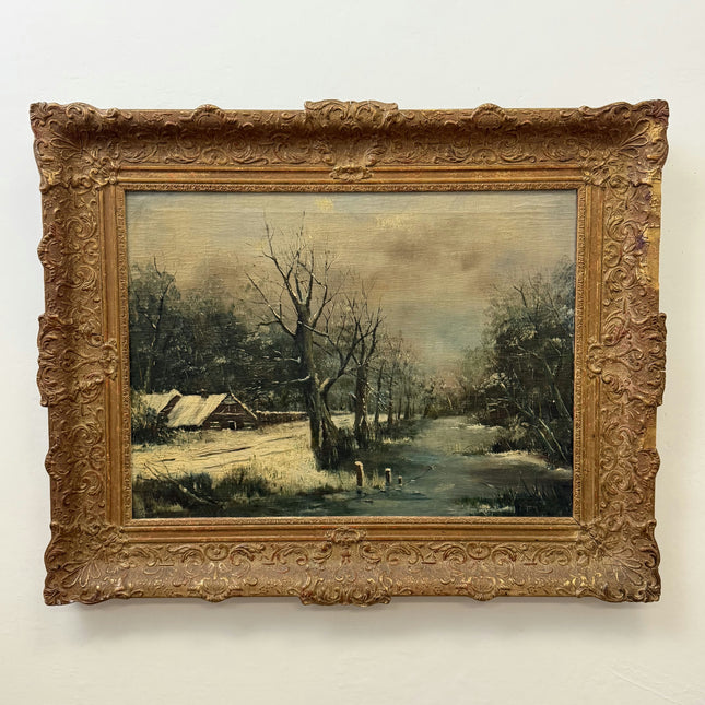 Expressive Winter Landscape Oil Painting "Snowy Cabin" Elegant Large Art Holland Art Shop