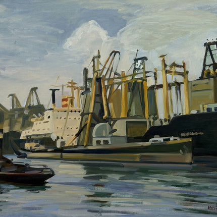 Vintage Harbor Scene Oil Painting "Stretched Canvas" Detailed Large Art Holland Art Shop
