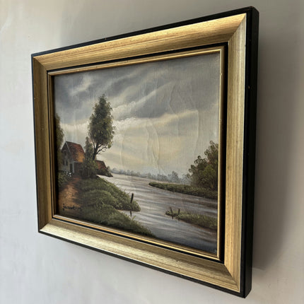 Traditional Landscape Oil Painting "Riverside House" Original Small Art Holland Art Shop