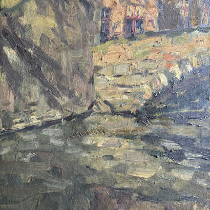 1910 Antique Cityscape Oil Painting "Stone Bridge" Large Artwork Holland Art Shop