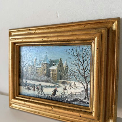 Striking Oil Painting Winter Landscape "Winter Playtime" Authentic Small Art