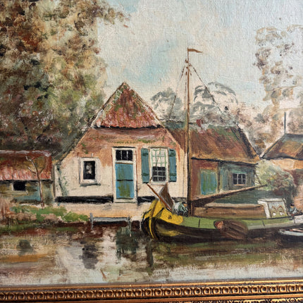 Rustic Harbor Scene Oil Painting "Thatched House" Original Small Artwork Holland Art Shop