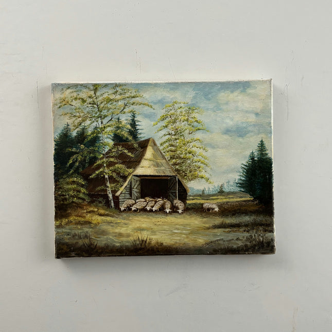 Handcrafted Animals Oil Painting "Thatched Barn" Timeless Small Artwork Holland Art Shop