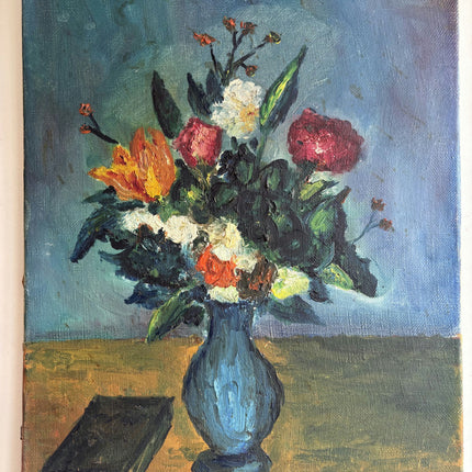 Vintage Floral Still Life Oil Painting "Blue Vase" Rustic Small Artwork Holland Art Shop