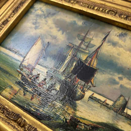 19th Century Antique Seascape Oil Painting "Golden Frame" Small Artwork Holland Art Shop