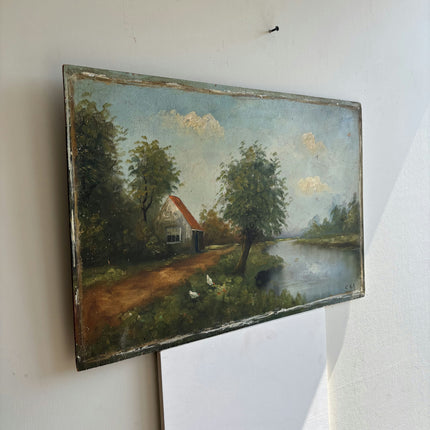 Antique Landscape Oil Painting "Riverside Cottage" Refined Art Holland Art Shop