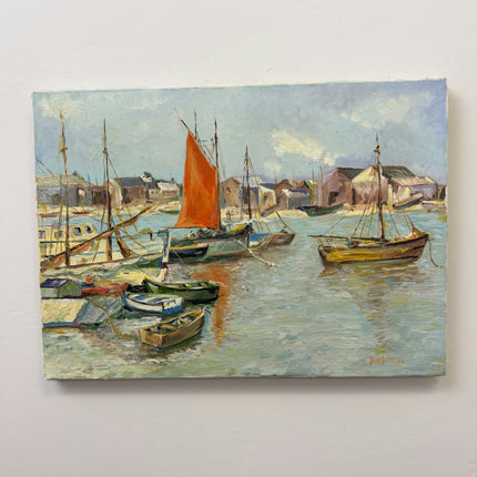 Original Harbor Scene Oil Painting "Orange Signature" Traditional Art Holland Art Shop