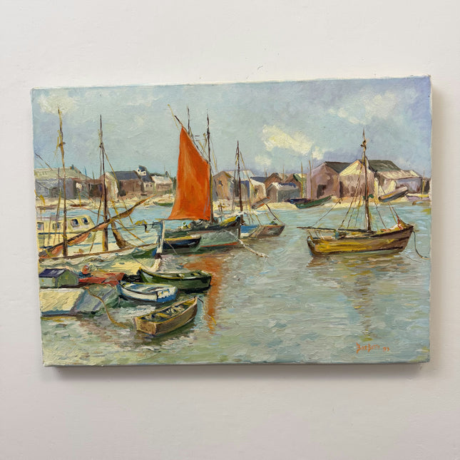 Original Harbor Scene Oil Painting "Orange Signature" Traditional Art Holland Art Shop