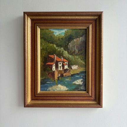 Classic Landscape Oil Painting "Riverside Houses" Vintage Small Artwork Holland Art Shop