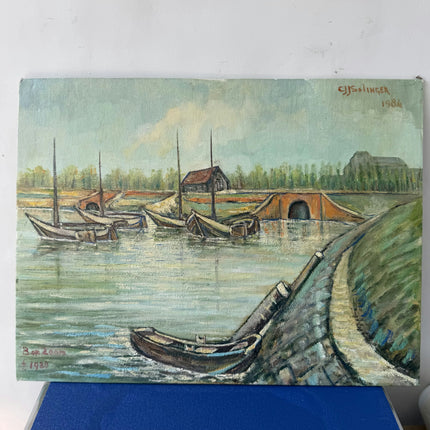Handcrafted Harbor Scene Oil Painting "Rowboats Cluster" Authentic Small Artwork Holland Art Shop
