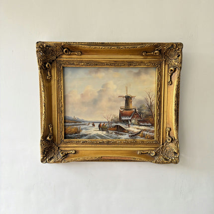 19th Century Antique Winter Landscape Oil Painting "Gilded Frame" Small Artwork Holland Art Shop