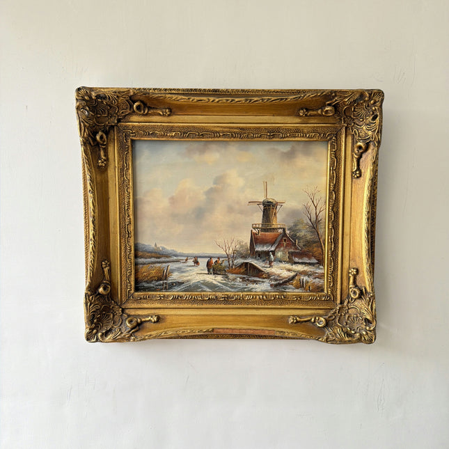 19th Century Antique Winter Landscape Oil Painting "Gilded Frame" Small Artwork Holland Art Shop