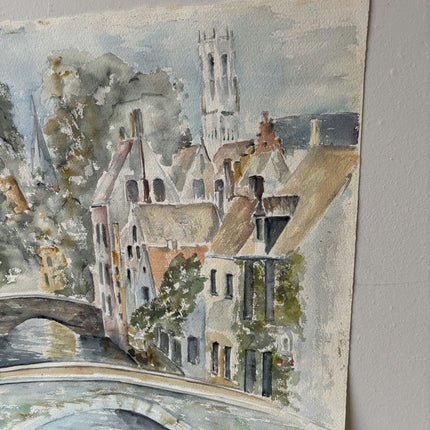 20th Century Canal Bridges Riverside Houses Trees Tower Aquarel Vintage - HollandArtShop