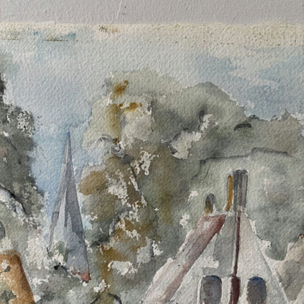 20th Century Canal Bridges Riverside Houses Trees Tower Aquarel Vintage - HollandArtShop