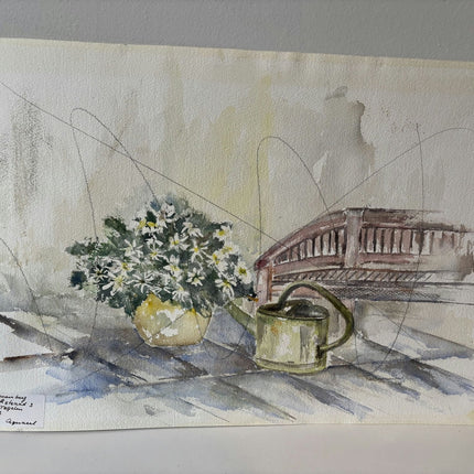 20th Century Canal Bridges Riverside Houses Trees Tower Aquarel Vintage - HollandArtShop