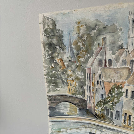 20th Century Canal Bridges Riverside Houses Trees Tower Aquarel Vintage - HollandArtShop