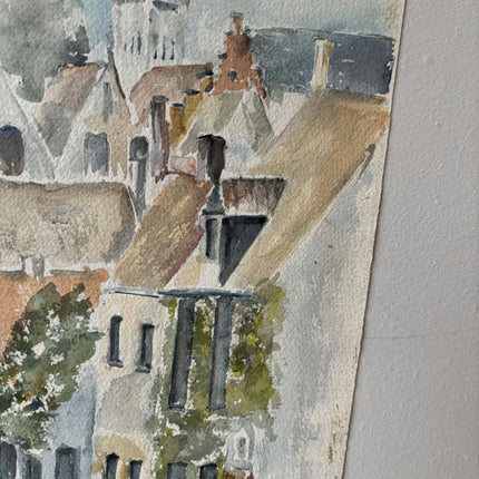20th Century Canal Bridges Riverside Houses Trees Tower Aquarel Vintage - HollandArtShop