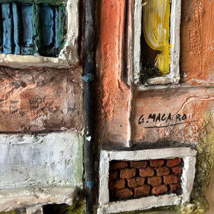 20th Century Italian Brick Street Windows Oil Painting Vintage - HollandArtShop