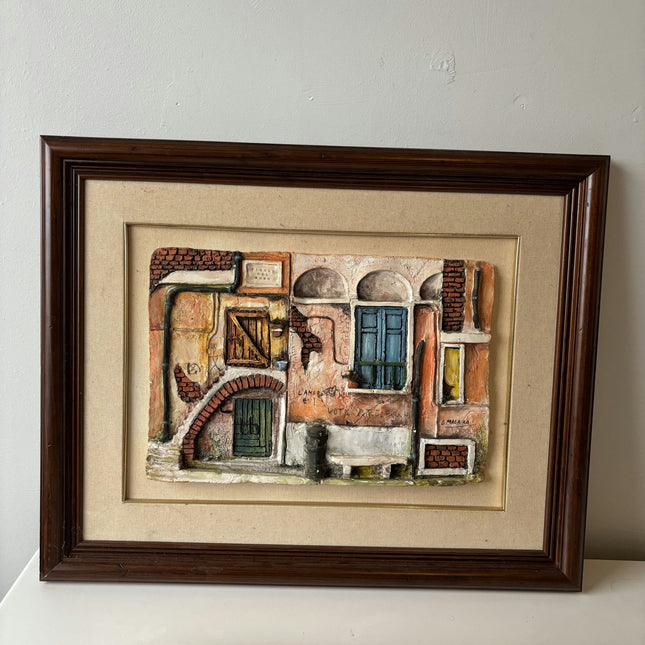 20th Century Italian Brick Street Windows Oil Painting Vintage - HollandArtShop