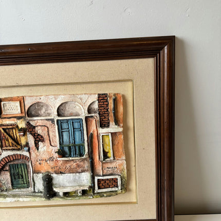 20th Century Italian Brick Street Windows Oil Painting Vintage - HollandArtShop