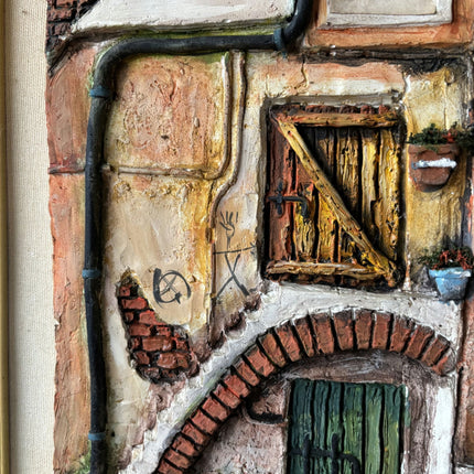 20th Century Italian Brick Street Windows Oil Painting Vintage - HollandArtShop