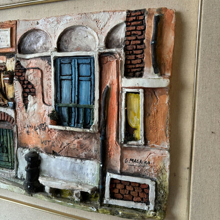 20th Century Italian Brick Street Windows Oil Painting Vintage - HollandArtShop