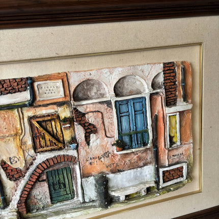 20th Century Italian Brick Street Windows Oil Painting Vintage - HollandArtShop