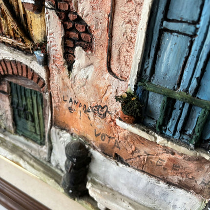 20th Century Italian Brick Street Windows Oil Painting Vintage - HollandArtShop