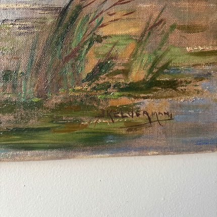 20th Century Marsh Boat Clouds Sunset Village Vintage Oil Painting Authentic - HollandArtShop