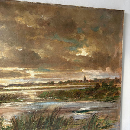 20th Century Marsh Boat Clouds Sunset Village Vintage Oil Painting Authentic - HollandArtShop