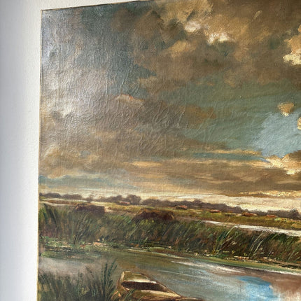 20th Century Marsh Boat Clouds Sunset Village Vintage Oil Painting Authentic - HollandArtShop