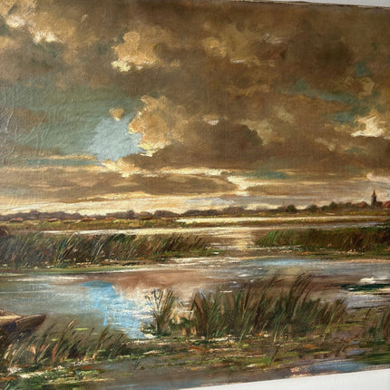20th Century Marsh Boat Clouds Sunset Village Vintage Oil Painting Authentic - HollandArtShop