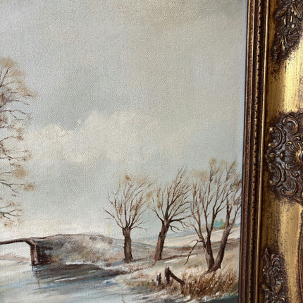 20th Century Riverside Winter Village Trees Bridge Oil Painting Vintage - HollandArtShop