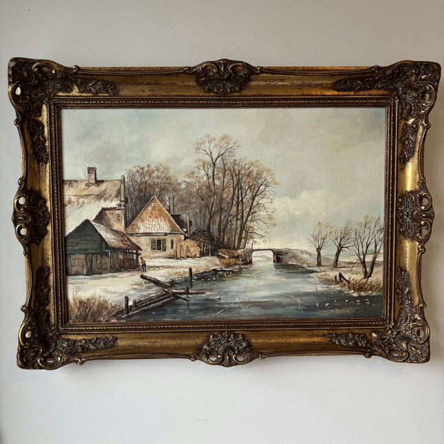 20th Century Riverside Winter Village Trees Bridge Oil Painting Vintage - HollandArtShop