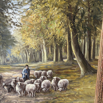 20th Century Vintage Autumn Forest Sheep Path Shepherd Oil Painting Authentic - HollandArtShop