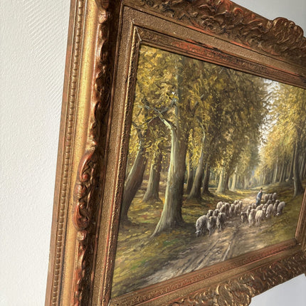 20th Century Vintage Autumn Forest Sheep Path Shepherd Oil Painting Authentic - HollandArtShop