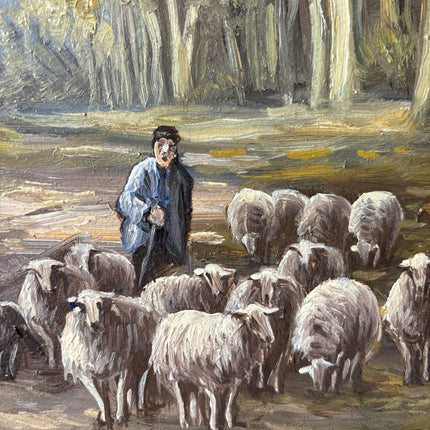 20th Century Vintage Autumn Forest Sheep Path Shepherd Oil Painting Authentic - HollandArtShop
