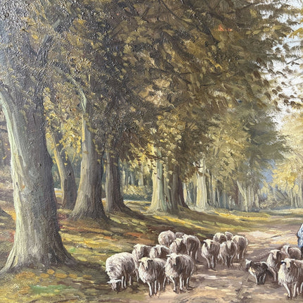 20th Century Vintage Autumn Forest Sheep Path Shepherd Oil Painting Authentic - HollandArtShop