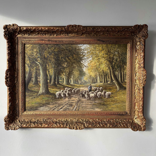 20th Century Vintage Autumn Forest Sheep Path Shepherd Oil Painting Authentic - HollandArtShop